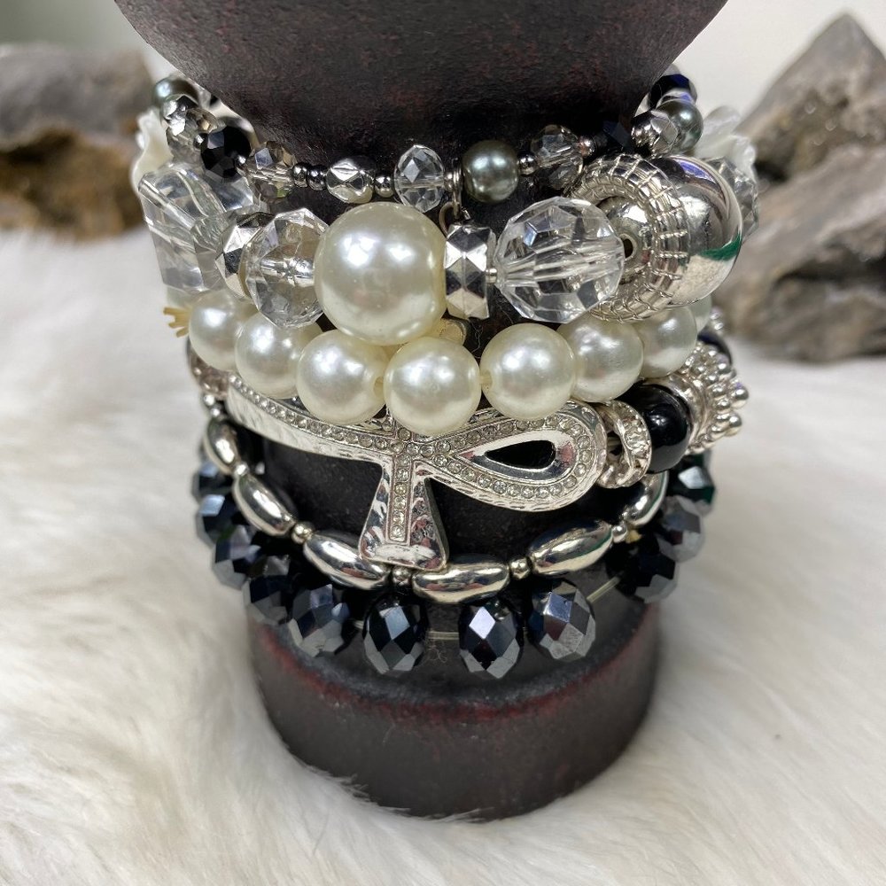 Set of 6 Faux Pearl, Black, Silver Tone Stretchy Bracelets